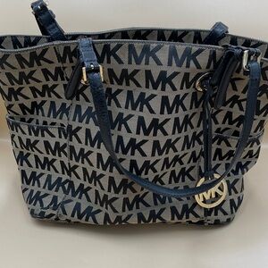 Michael Kors Black and Beige MK Logo Tote with Gold Charm and Gold Hardware Tote
